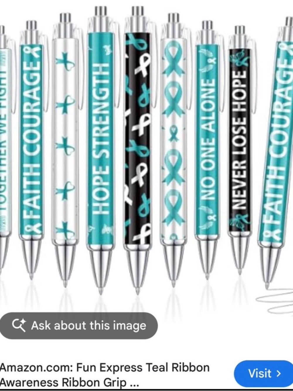Teal Ribbon Ovarian Cancer Awareness Ballpoint Pens Bulk 48 count.